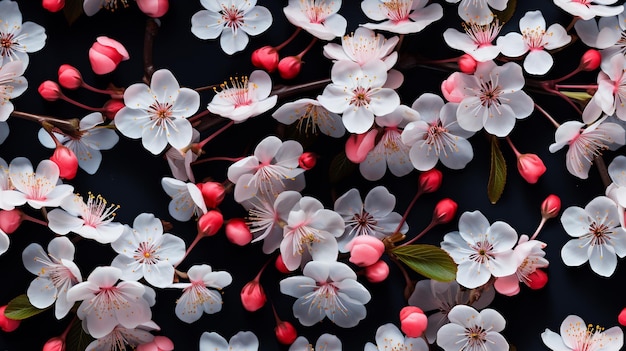 Una variedad de flores rosadas y blancas sobre un fondo negro