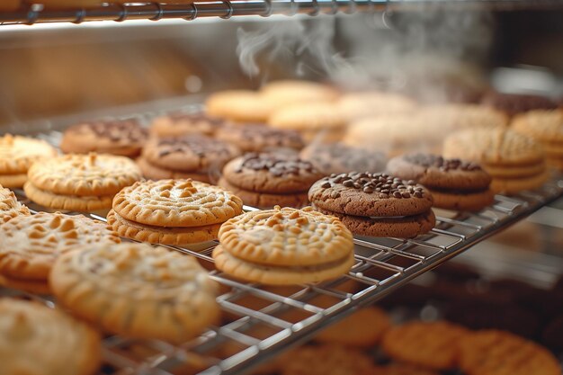Una variedad de formas y tamaños de galletas recién horneadas dispuestas en un estante de refrigeración de alambre