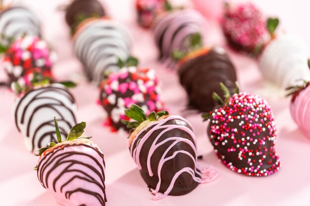 Variedad de fresas bañadas en chocolate sobre un fondo de color rosa