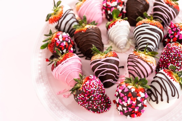 Variedad de fresas bañadas en chocolate en un stand de pastel rosa