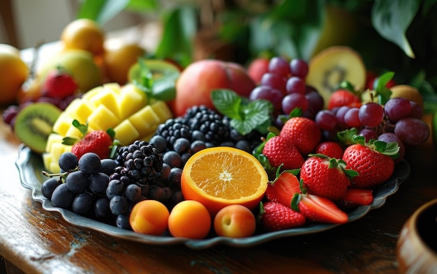 Variedad fresca en un plato de frutas abundantes.
