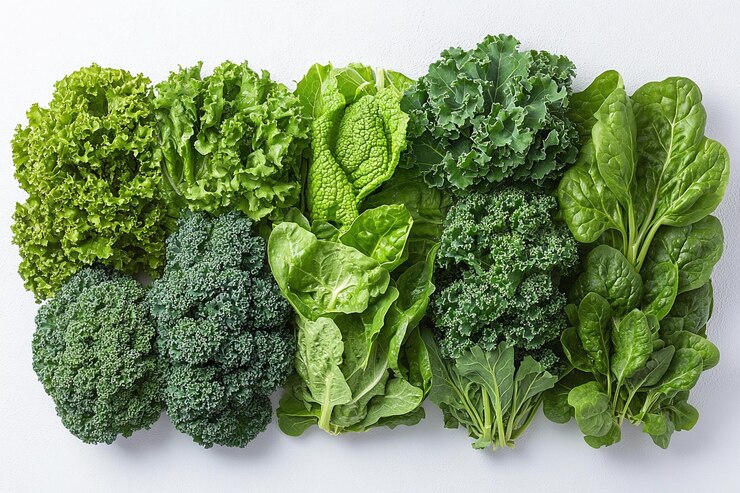 Una variedad fresca de verduras de hojas en un fondo blanco dispuesta de manera creativa IA generativa