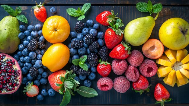 Una variedad de frutas y bayas frescas colocadas en una mesa de madera oscura Concepto de alimentación saludable alto