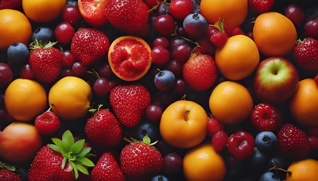 Variedad de frutas y bayas frescas como fondo vista de arriba