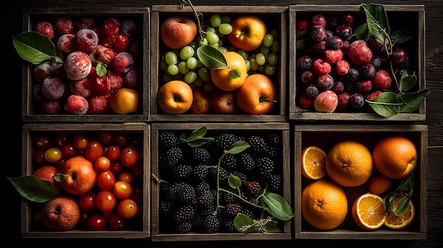 Una variedad de frutas en cajas de madera.