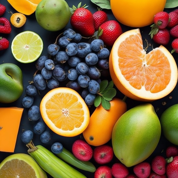 Una variedad de frutas, como arándanos, naranjas y limas, están dispuestas sobre un fondo negro.
