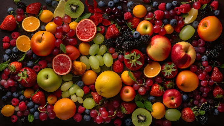 Una variedad de frutas están dispuestas en un círculo.