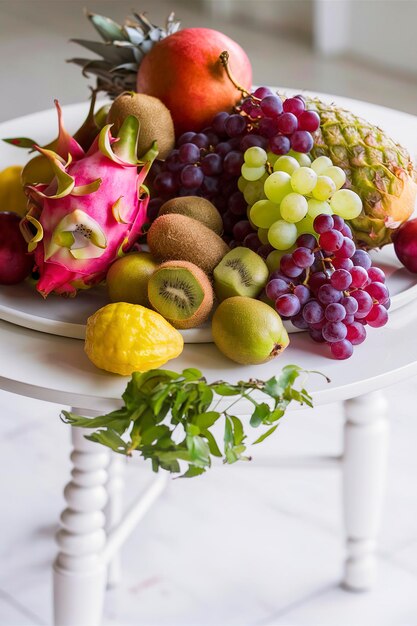 Variedad de frutas exóticas en la mesa blanca