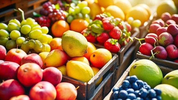 Una variedad de frutas expuestas en bandejas en el mercado