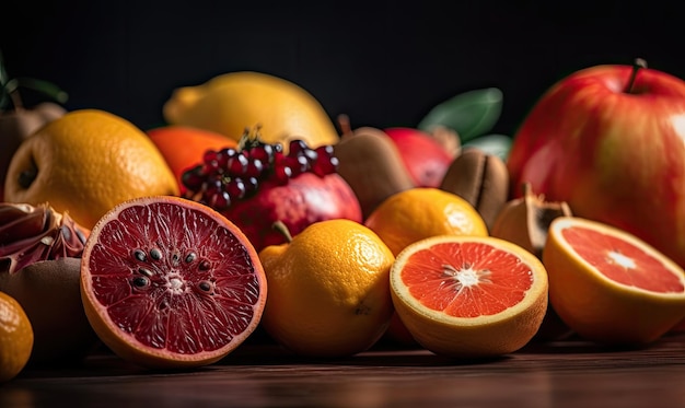 Una variedad de frutas frescas dispuestas en un fondo colorido Creando utilizando herramientas de IA generativas