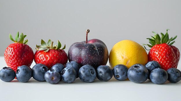 Una variedad de frutas frescas en un fondo neutral