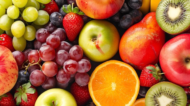 Una variedad de frutas frescas, incluidas manzanas, uvas, fresas, arándanos y peras