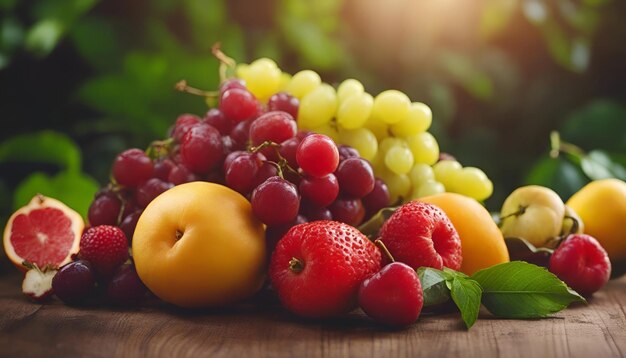 Foto variedad de frutas frescas en una mesa de madera enfoque selectivo