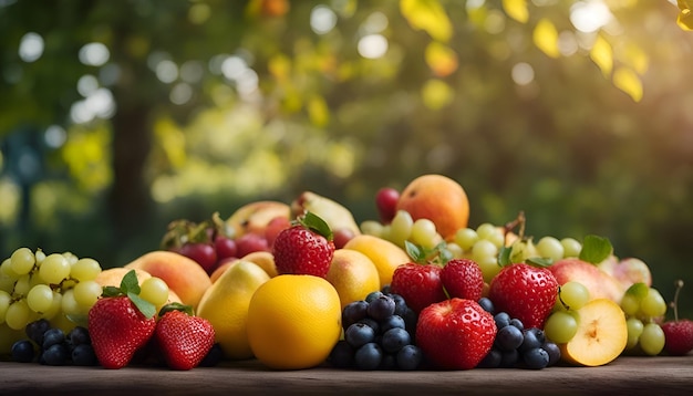 Variedad de frutas frescas en una mesa de madera en el jardín