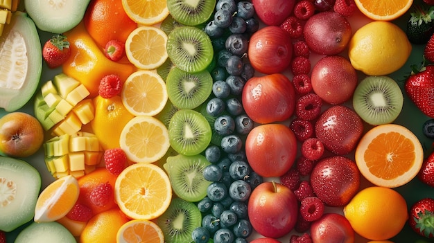 una variedad de frutas, incluida una que dice: