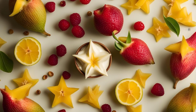 Foto una variedad de frutas, incluida una que tiene la estrella en ella