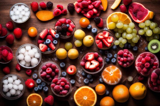 una variedad de frutas, incluida una que tiene la palabra cita en ella