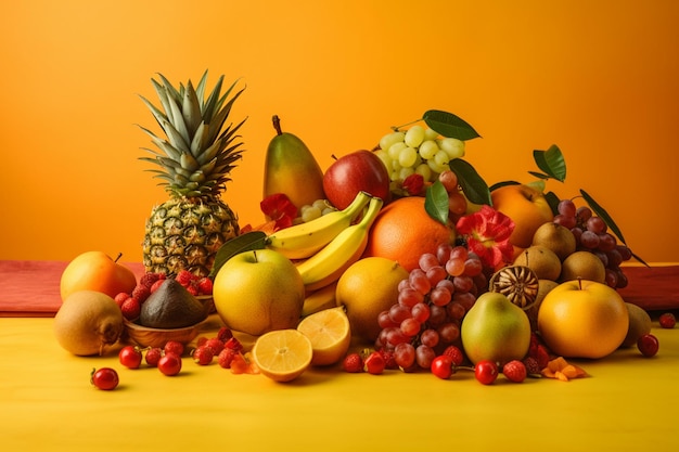 Una variedad de frutas en una mesa con un fondo amarillo.