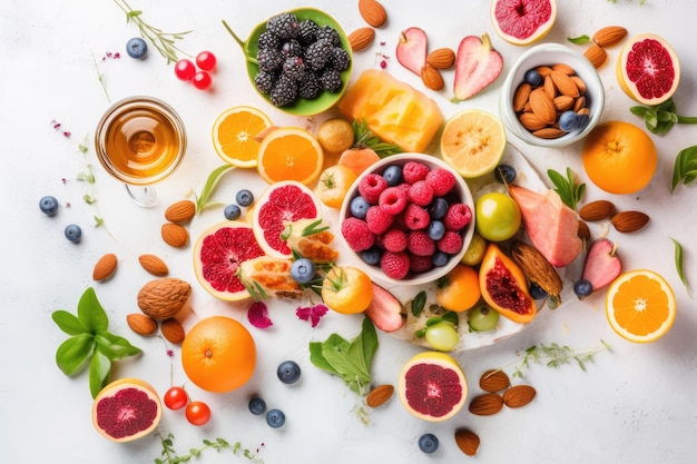 Una variedad de frutas y nueces están sobre una mesa.