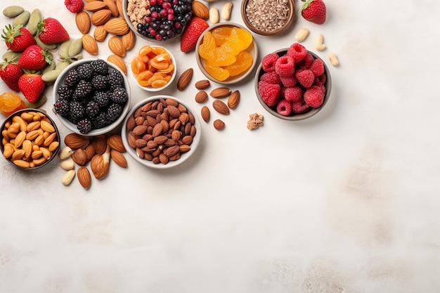 Una variedad de frutas y nueces están sobre una mesa.