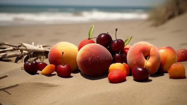 Una variedad de frutas en la playa.