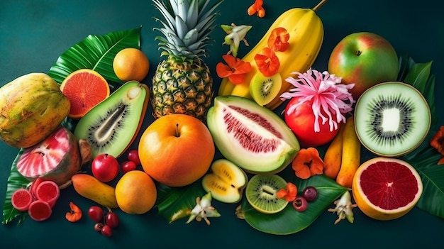 Una variedad de frutas que incluyen kiwi, kiwi, kiwi y otras frutas.