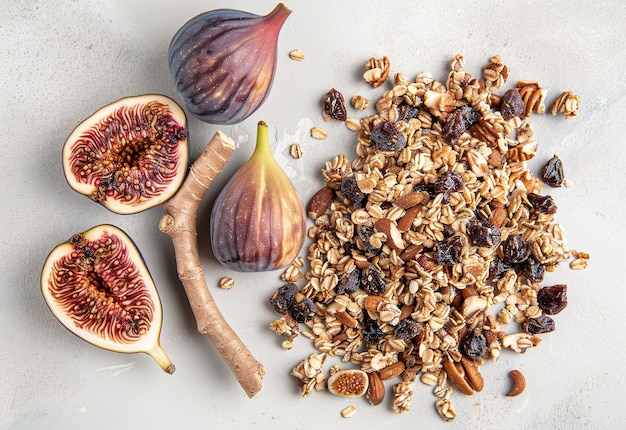 Una variedad de frutas secas y frescas con avena y nueces vertidas de un frasco de vidrio ingredientes ideales para un desayuno o bocadillo saludable