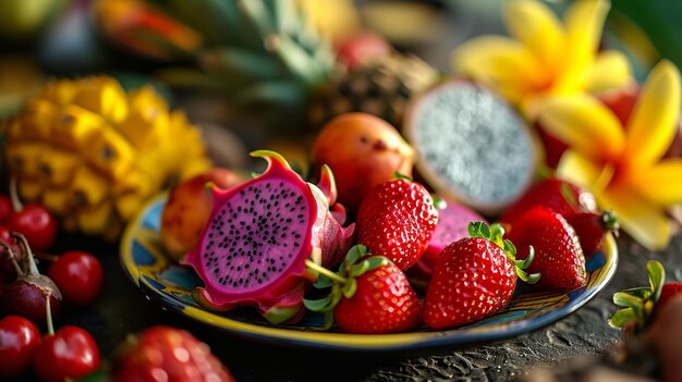 Una variedad de frutas tropicales frescas en un plato