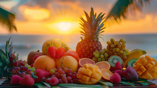 Foto una variedad de frutas tropicales en la mesa con el atardecer de fondo