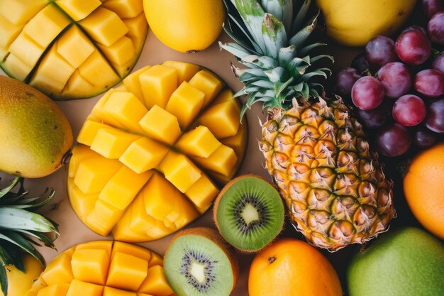 Una variedad de frutas tropicales vibrantes bien dispuestas en una superficie limpia