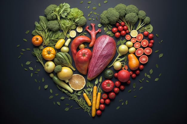 Una variedad de frutas y verduras de colores están dispuestas en forma de corazón sobre un fondo oscuro