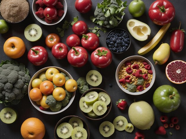 una variedad de frutas y verduras en cuencos enfoque alimentario fotografía de alimentos para la salud