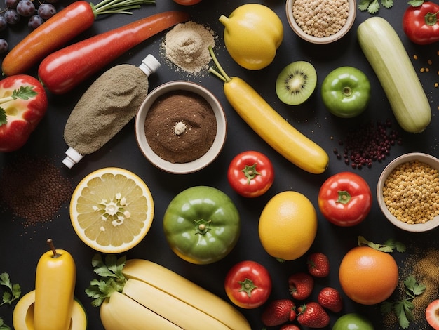 Foto una variedad de frutas y verduras en cuencos enfoque alimentario fotografía de alimentos para la salud