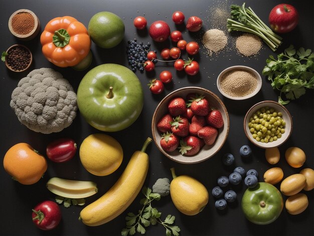 una variedad de frutas y verduras en cuencos enfoque alimentario fotografía de alimentos para la salud