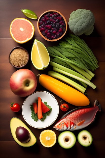 Foto una variedad de frutas y verduras están dispuestas en fila.