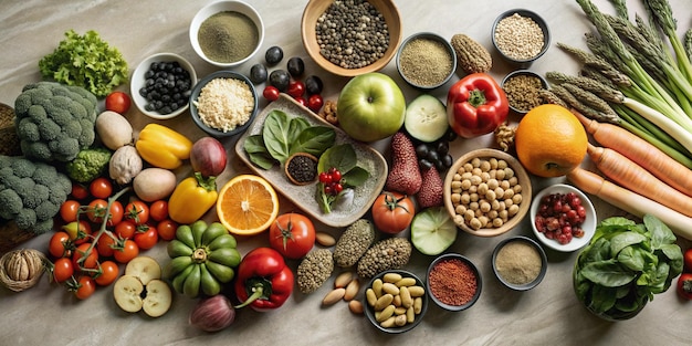 una variedad de frutas y verduras están en una mesa
