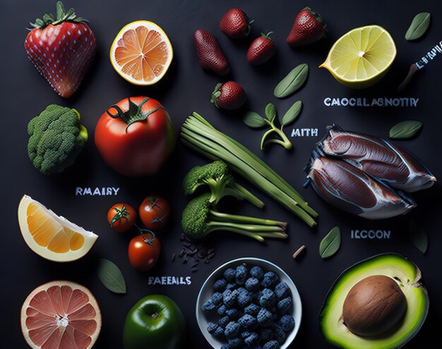 Una variedad de frutas y verduras están sobre un fondo negro.