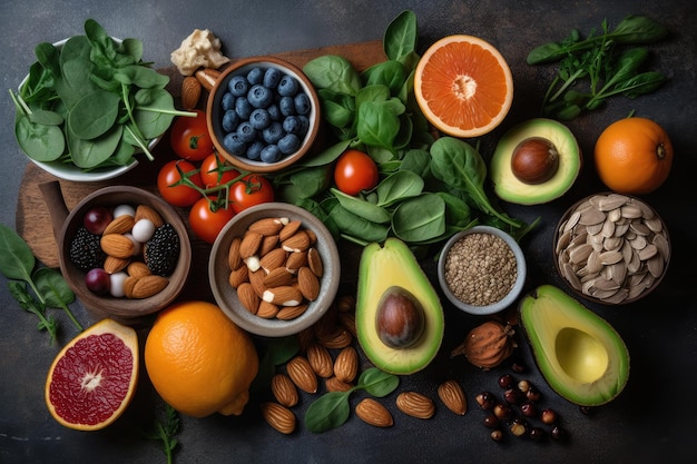 Una variedad de frutas y verduras están sobre una mesa IA generativa