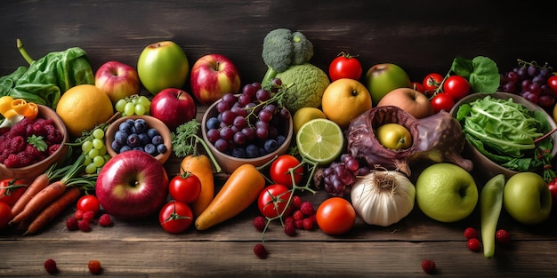 Una variedad de frutas y verduras están sobre una mesa.