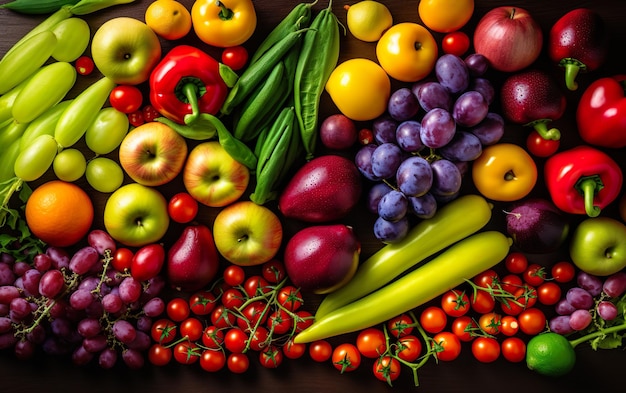 Una variedad de frutas y verduras están sobre una mesa.