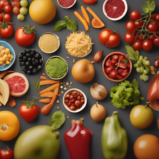 Foto una variedad de frutas y verduras se exhiben en una mesa