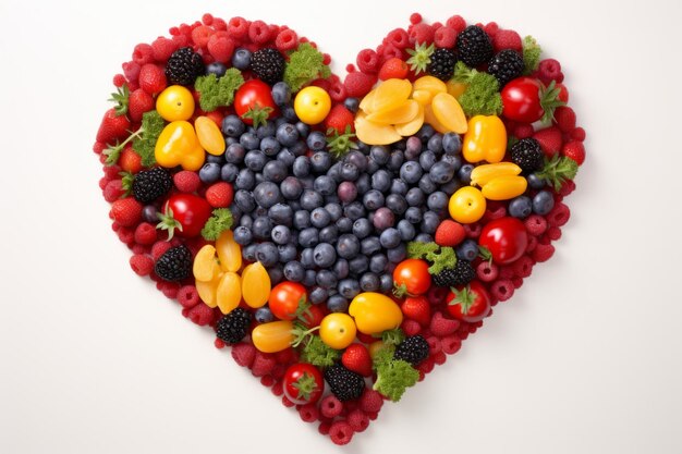 Una variedad de frutas y verduras en forma de corazón sobre un fondo blanco, vista de arriba