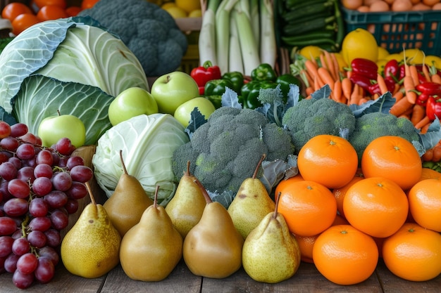 Una variedad de frutas y verduras frescas están en exhibición en un mercado