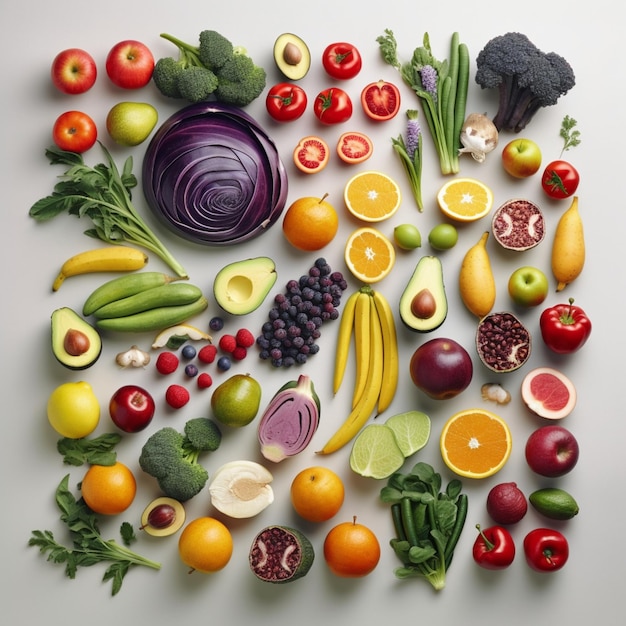 Una variedad de frutas y verduras incluyendo una que dice "aguacate".