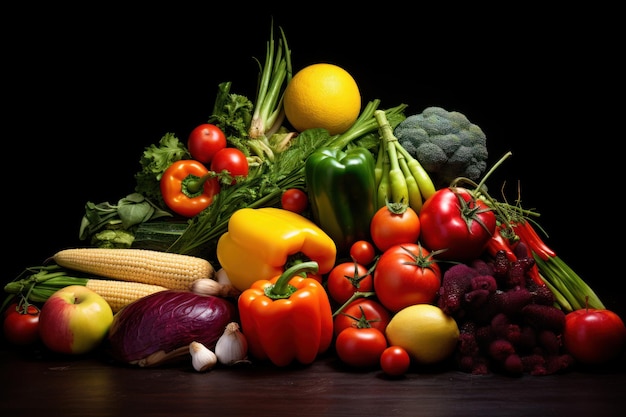 Variedad de frutas y verduras saludables generadas por la IA