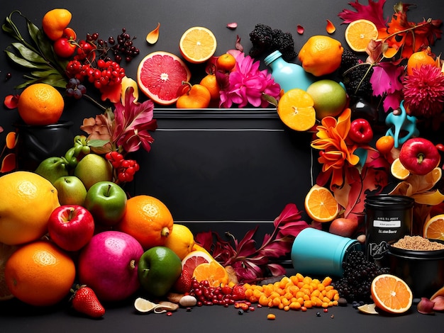 Variedad de frutas y verduras sobre fondo negro Vista superior con espacio de copia