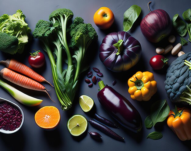 Una variedad de frutas y verduras sobre un fondo negro