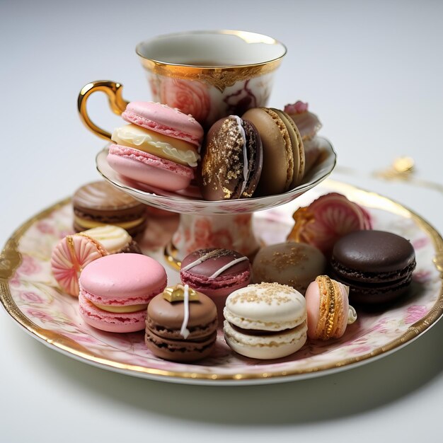 variedad de galletas de macarrón en un platillo sobre un fondo blanco