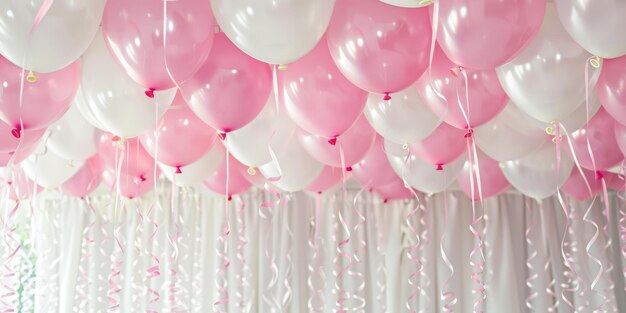 Una variedad de globos rosados y blancos con cintas y confeti tema de celebración y decoración de fiestas