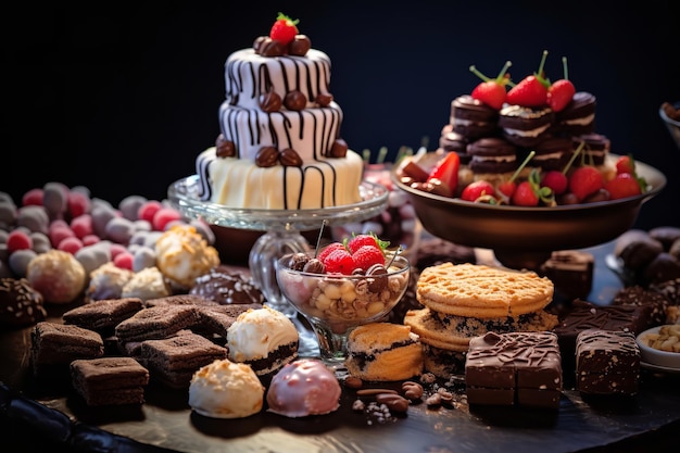 Una variedad de golosinas dulces en una mesa de postres